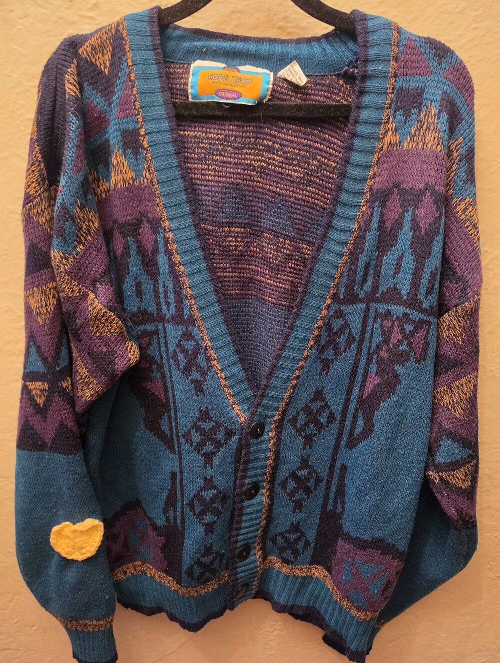 Vintage Code 90s Zero XL Geometric Grandpa Cardigan Upcycled Crochet Heart